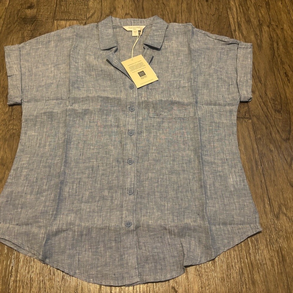Garnet Hill Linen Blue Casual Button Down Shirt Size 2